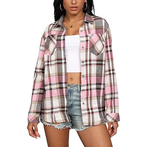 KevaMolly Plaid Flannel Shirts for Women Loose Fit Boyfriend Button Down Shirt Long Sleeve Casual Flannel Blouse Tops