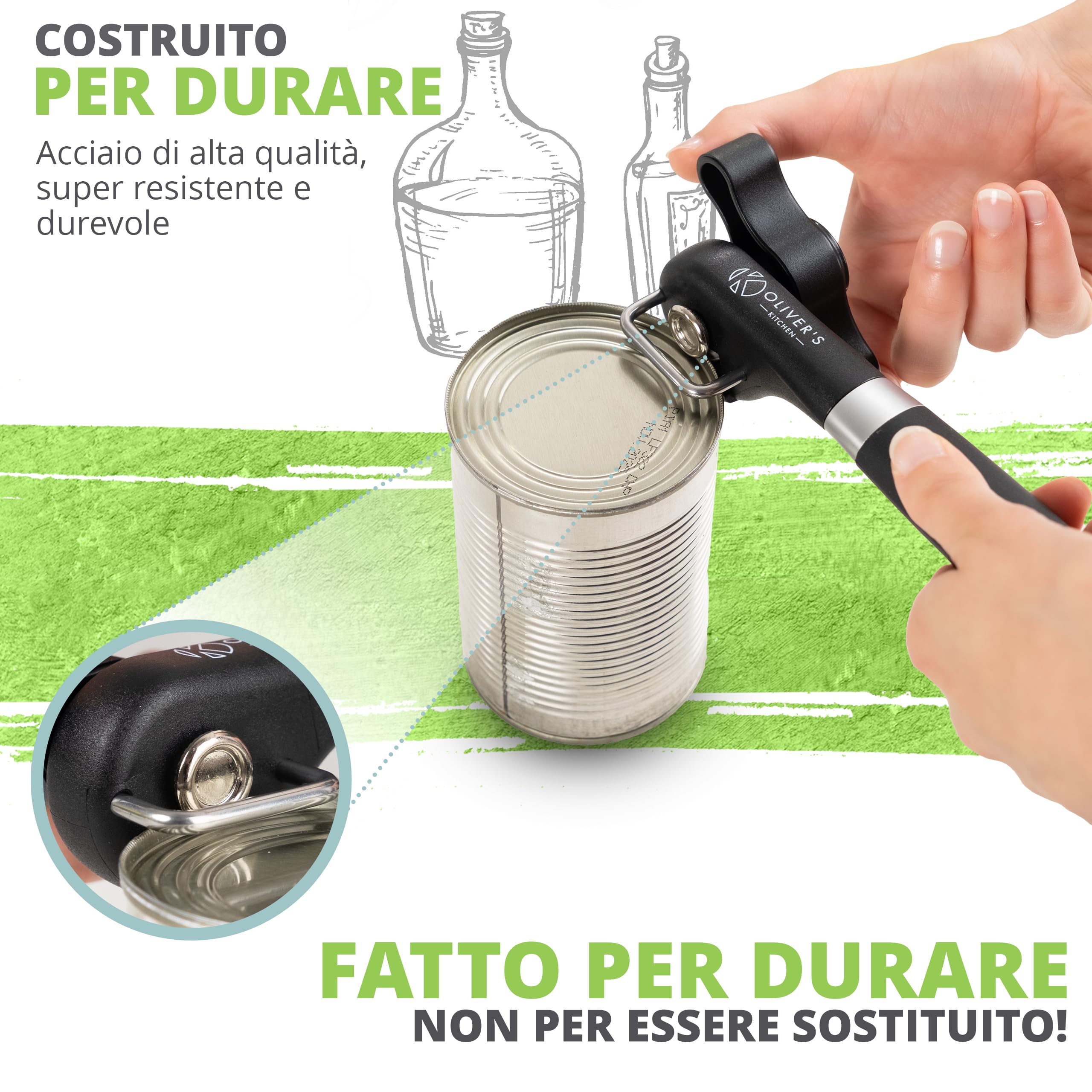 Oliver's Kitchen Apriscatole Professionale di Sicurezza Manuale per Lattine Bordo Smussato Impugnatura Ergonomic