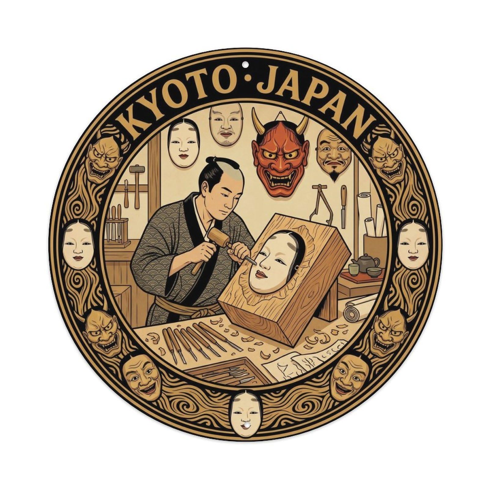 Kyoto Noh Theater Mask Handmade Tradition Local Craft Metal Tin Sign