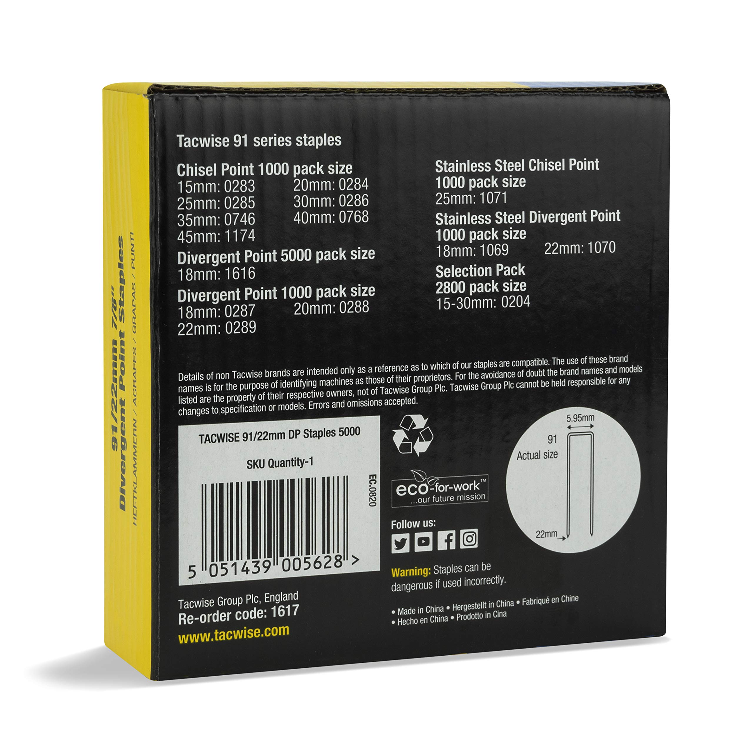 Tacwise 1617 Grapas de Corona Estrecha Galvanizadas 91/22 mm, Caja de 5000 | Punta Divergente
