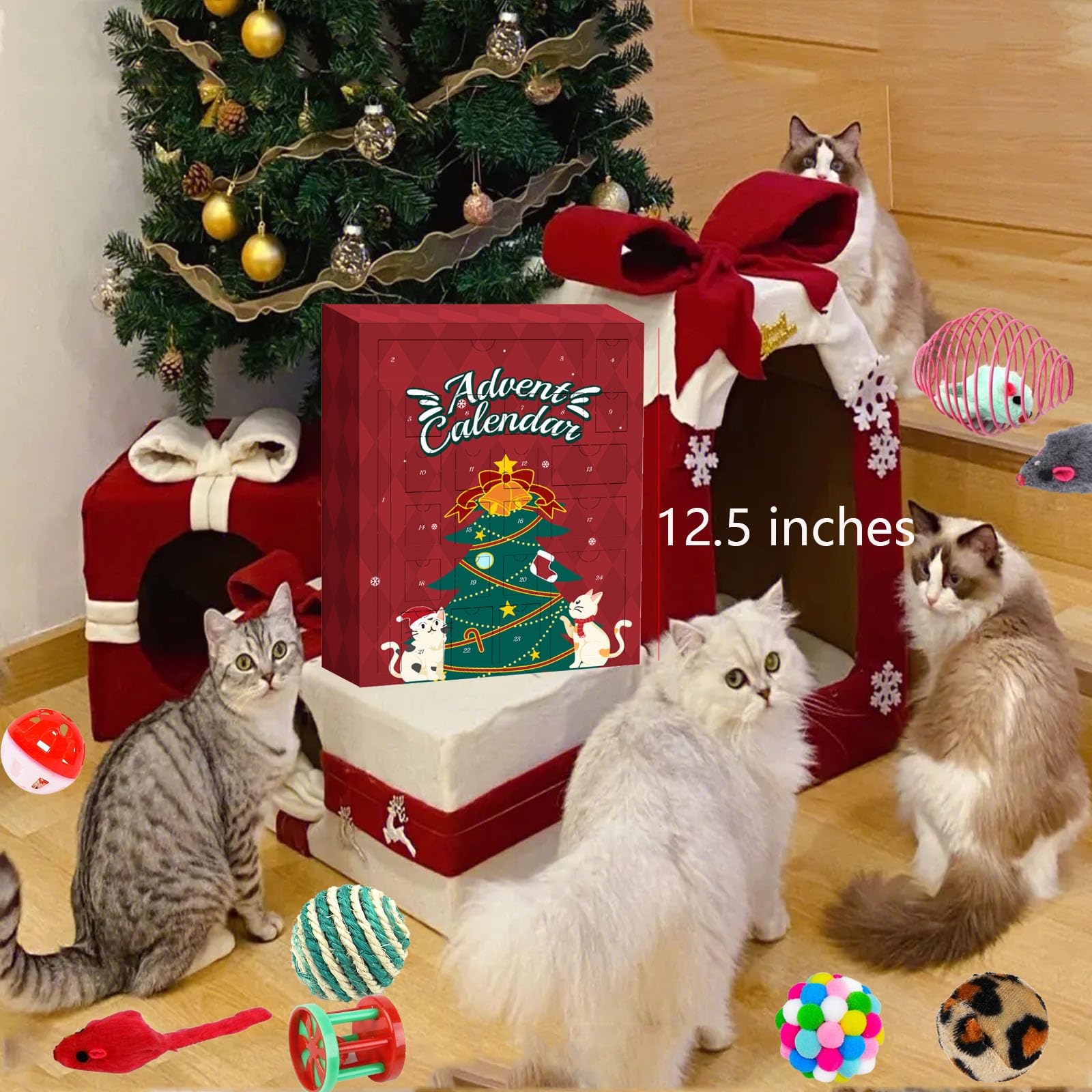 Calendario de Adviento para gatos 2024, juego de juguetes interactivos para gatos de interior con juguetes de hierba gatera, varita de plumas y bolas de cascabel, Navidad para gatitos y
