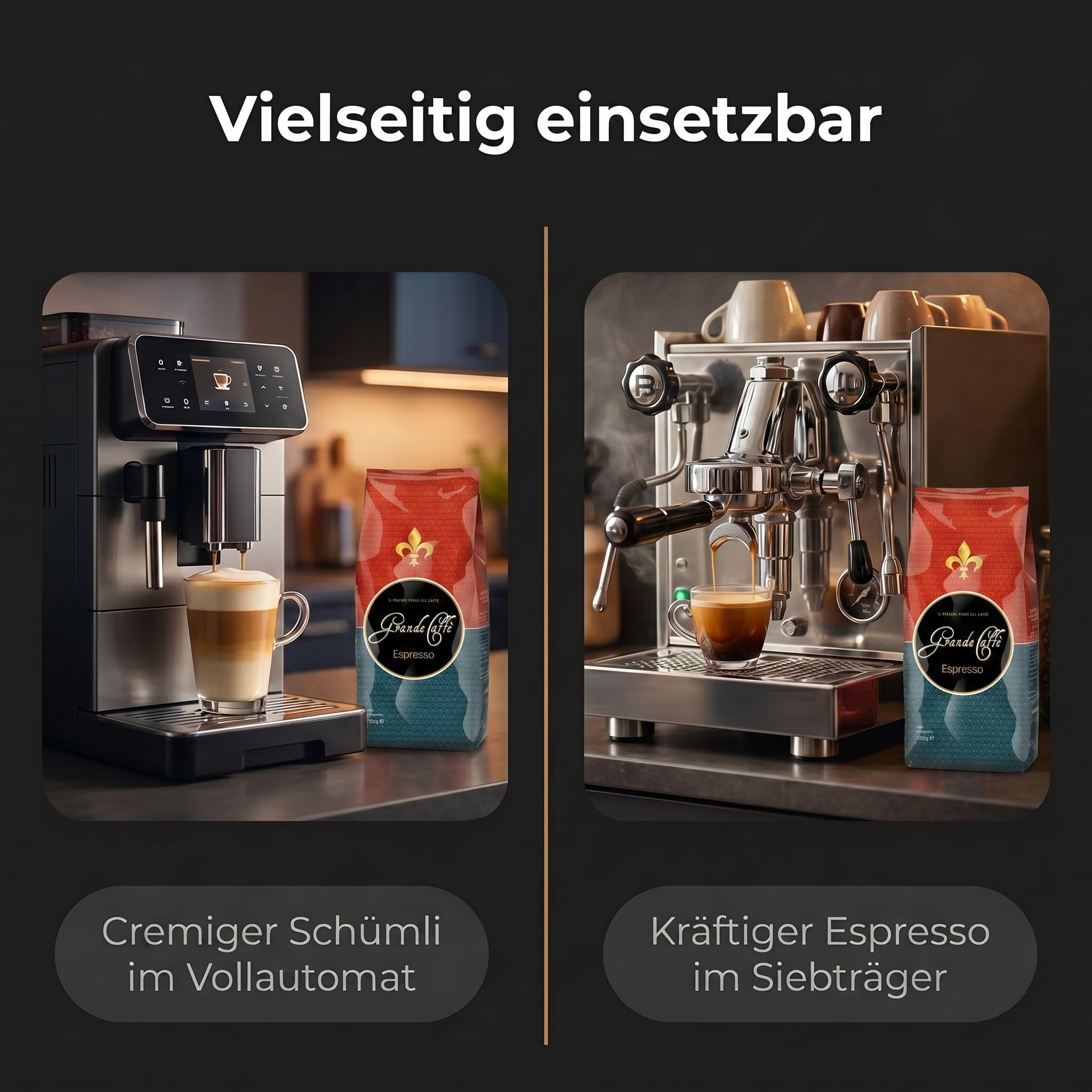 Grande Caffe Espresso Kaffeebohnen, ganze Bohnen, 80% Arabica 20% Robusta, Dunkle Röstung, 1000g, 2er Set, würzig-nussiges Aroma, traditionelle Trommelröstung