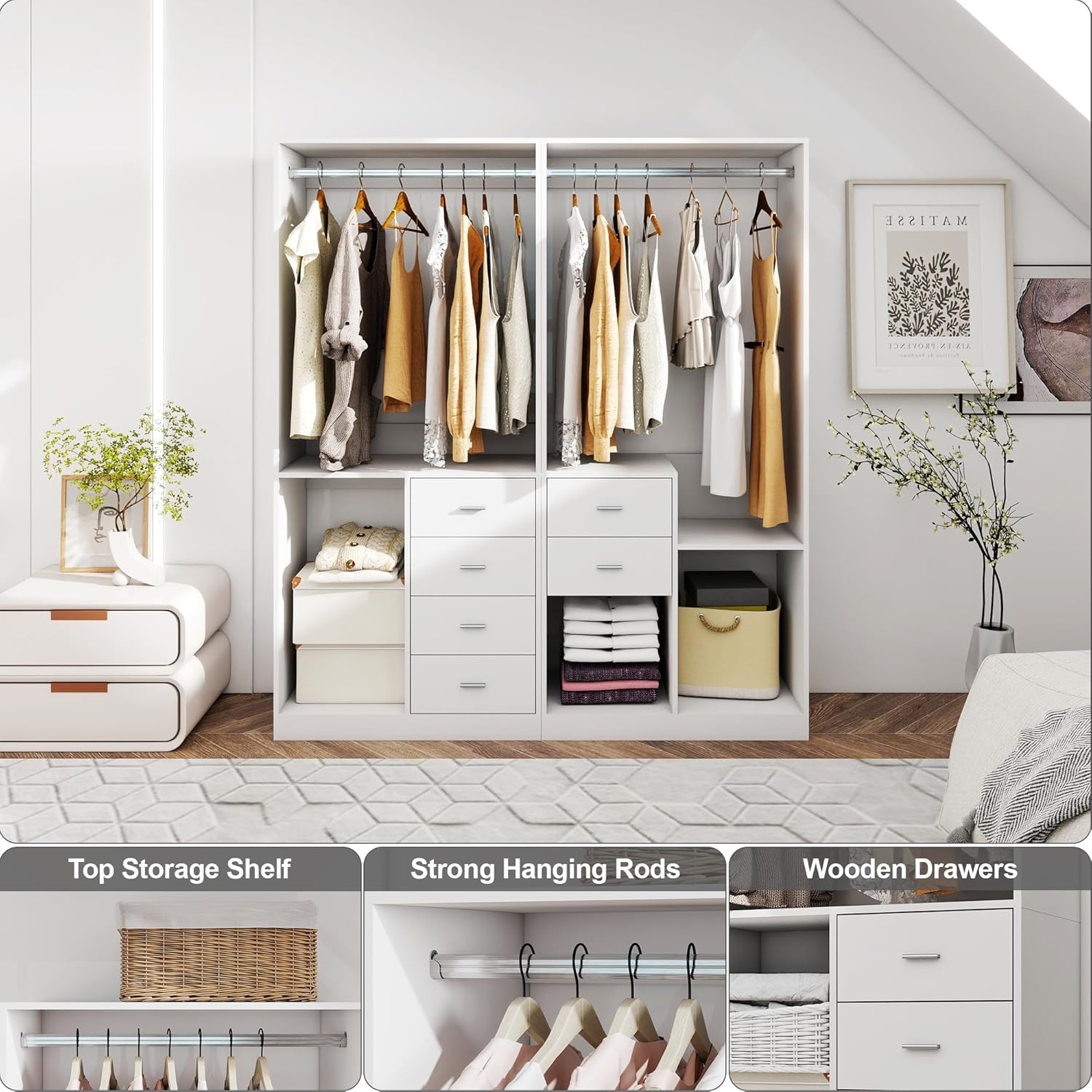 Freestanding Closet System: Stand-alone Closet System with Adjustable Garment Rack 2 Drawers and Hanging Rail for Bedroom White 31.5"W x 15.7"D x 70.8 "H