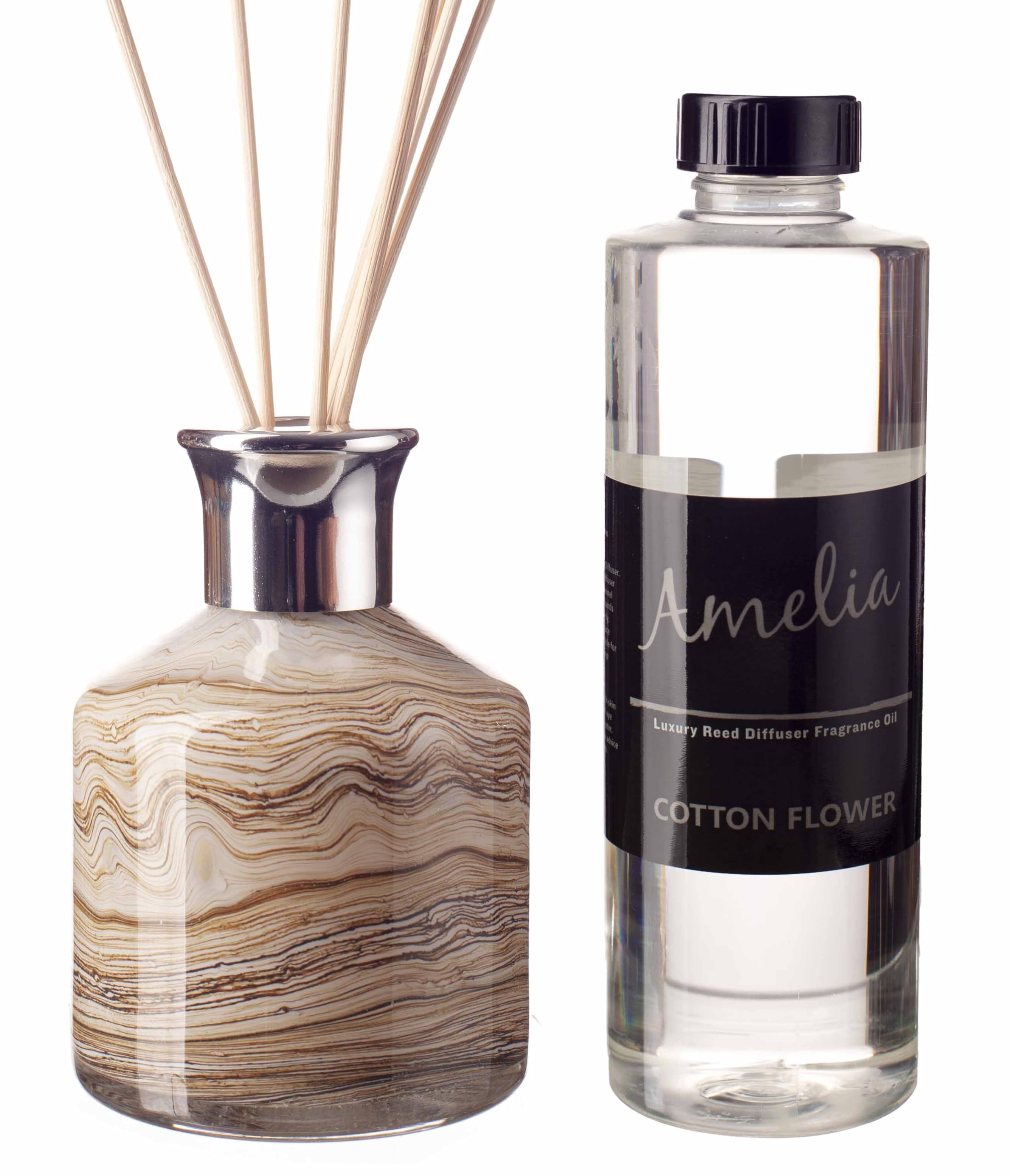 Amelia Art Glass Brown And Beige Reed Diffuser Gift Set Small Cylinder In Beige And Brown (Natural Stone) With Cotton Flower Fragrance