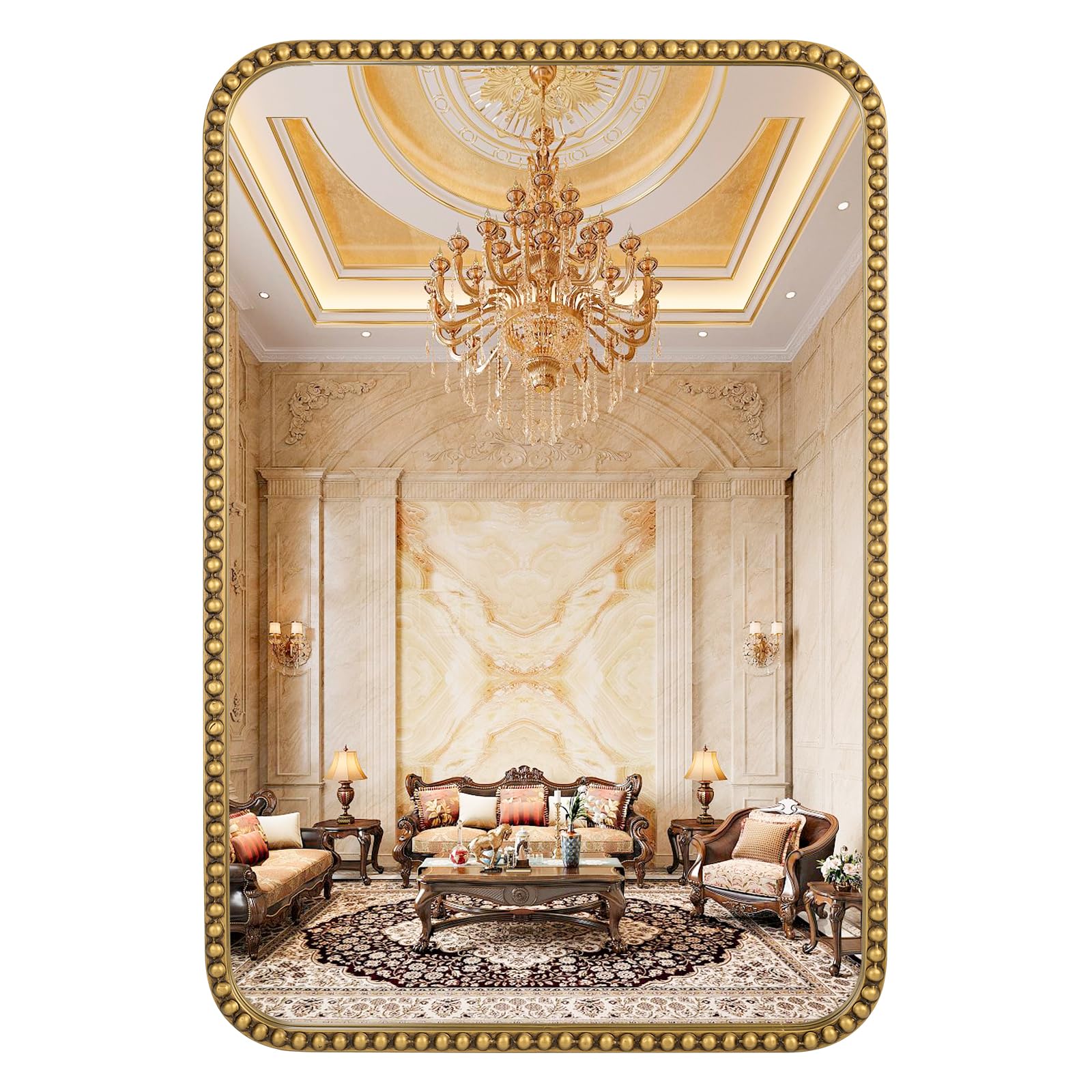 Wall Mirror for Bathroom - 24"x36" Rectangle Rounded Corner Beaded Frame Mirror, Large Vanity Mirror Hangs Horizontal or Vertical, Antique Gold