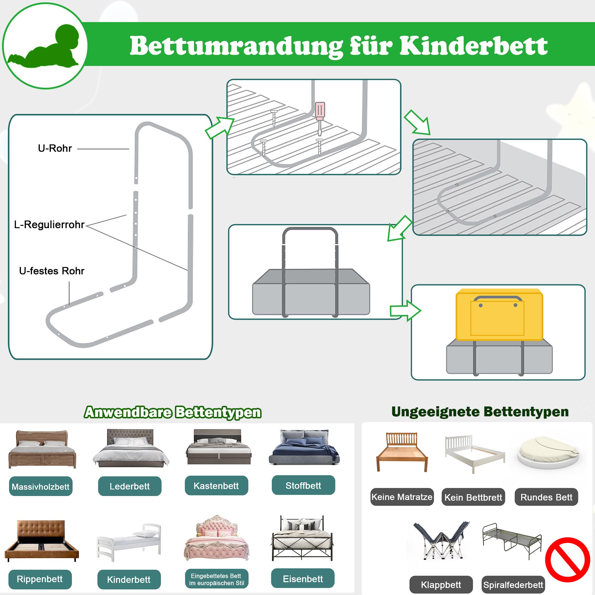 TATIVALO Bedhekje met valbeveiliging, bedhek voor kinderen, 60 cm, 5