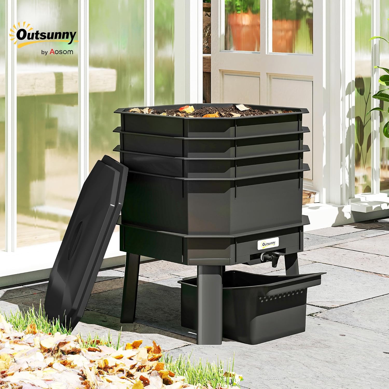 Outsunny 4-Tray Worm Composter Bin, 7.4 Gal Outdoor & Indoor Worm Composter, Farm Starter Kits for Vermicomposting Starter, Garden Composting Bin for Recycling Food Waste, Black