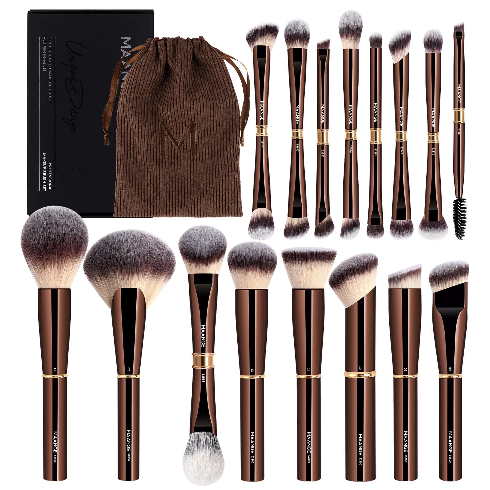 MAANGE Makeup Brushes 16Pcs Professional Foundation Powder Blush Contour Eyeshadows Double-End Makeup Brushes Set with Bag and Gift Box (Coffee Brown)
