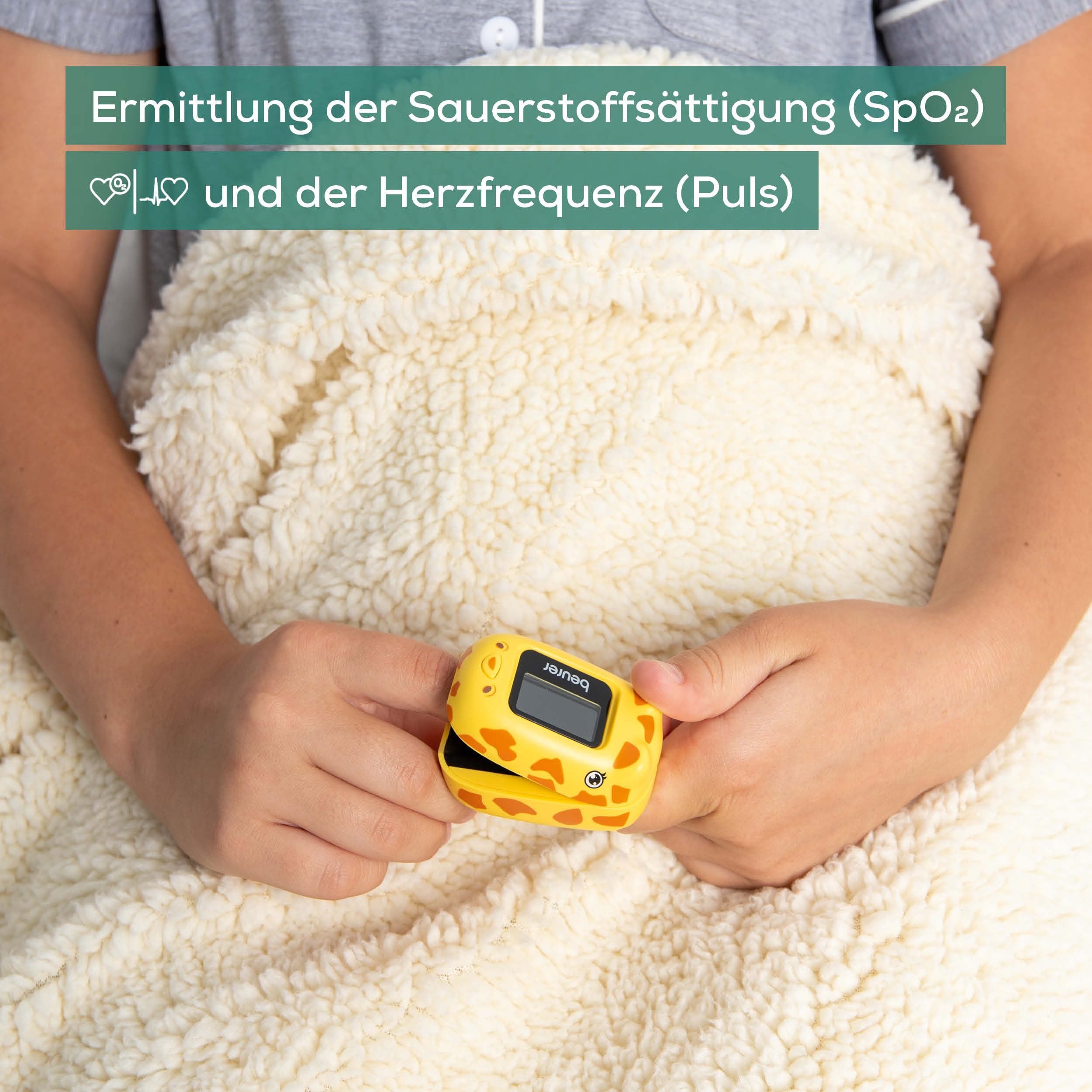 Beurer PO 13 Kids, Finger-Pulsoximeter für Kinder, sekundenschnelle Messung des Pulses und der Sauerstoffsättigung, kleines Format, automatische Display-Ausrichtung, mit Gürteltasche