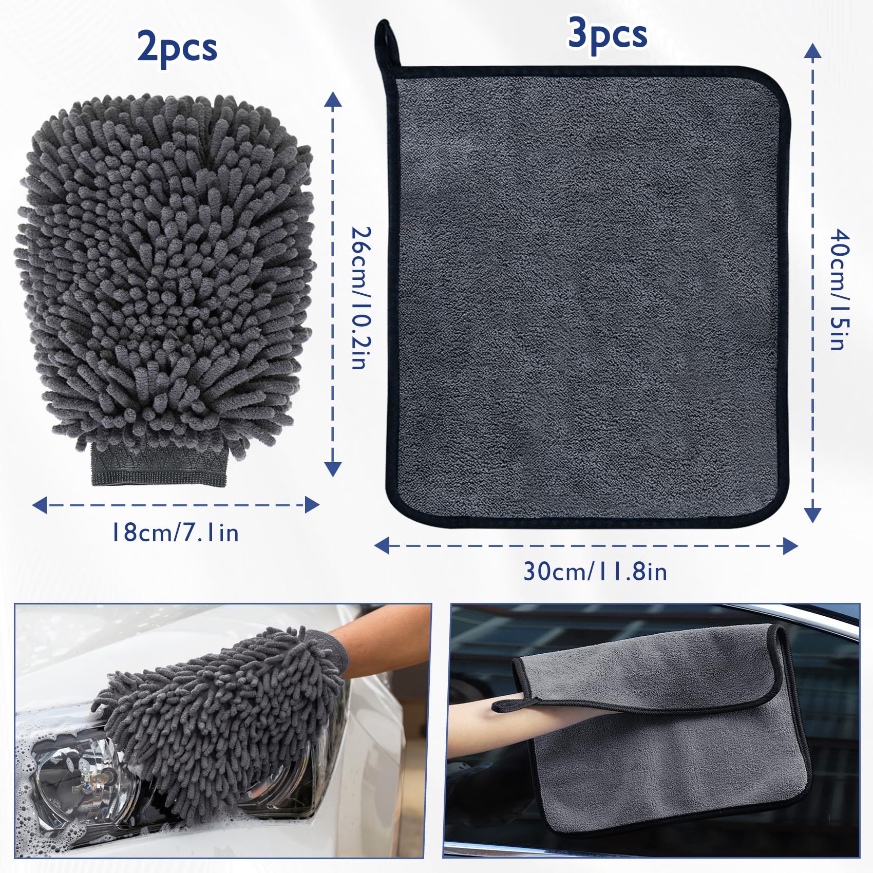 KALBIGRO Kit Pulizia Auto con 3 Pezzi Panno Microfibra Auto e 2 Pezzi Guanto Lavaggio Auto, 600 GSM Panno in Microfibra per Auto Super Assorbenti, Senza Graffi per Cura Auto Moto (40 x 30 cm) - 2
