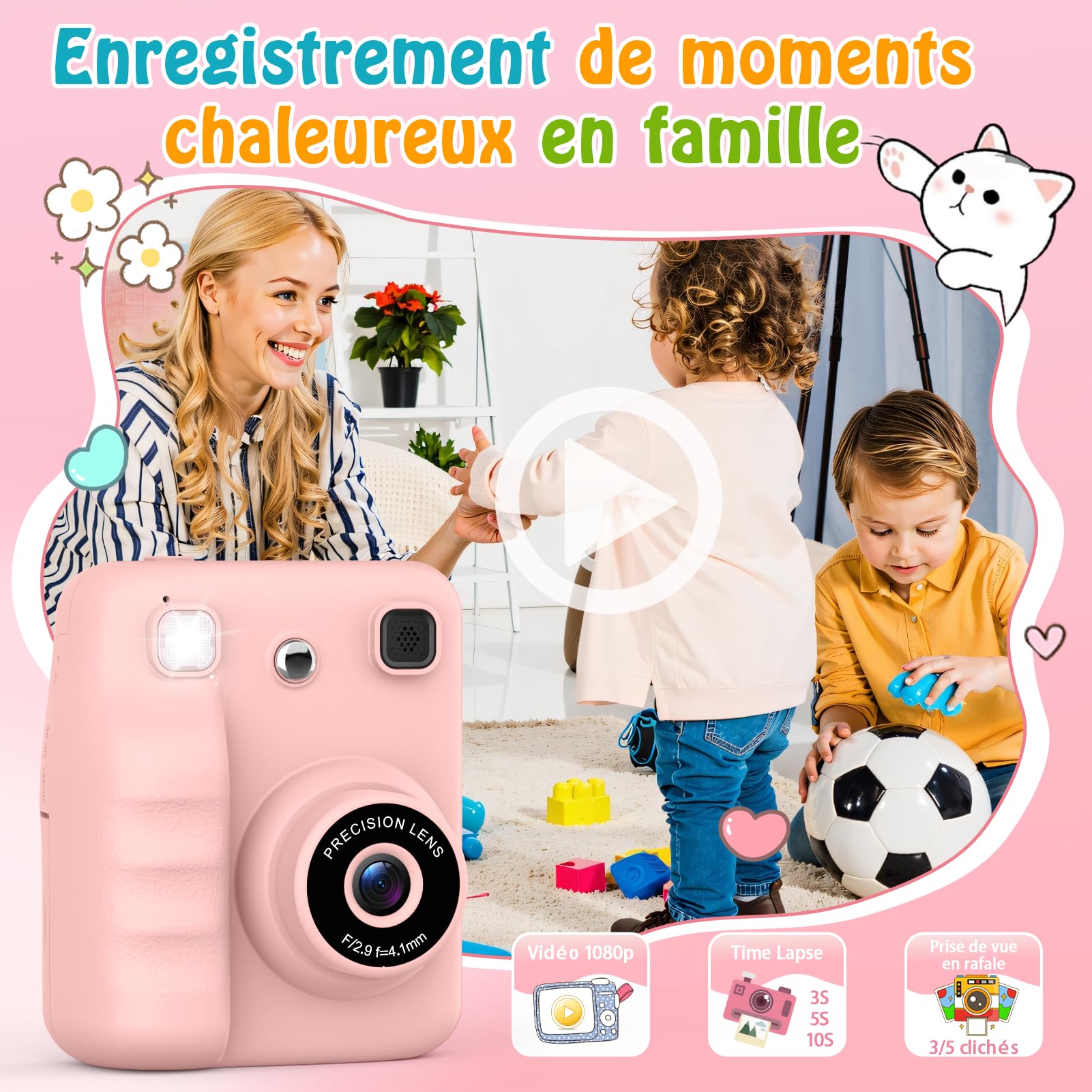 Appareil Photo Instantané Enfant, Appareil Photo Enfant avec Papier d’Impression & Carte 32GB, Écran 2.4'' HD, Vidéo 1080P, Selfie & Jeux, Cadeau Noël Anniversaire pour Filles Garçons 3 à 12 Ans