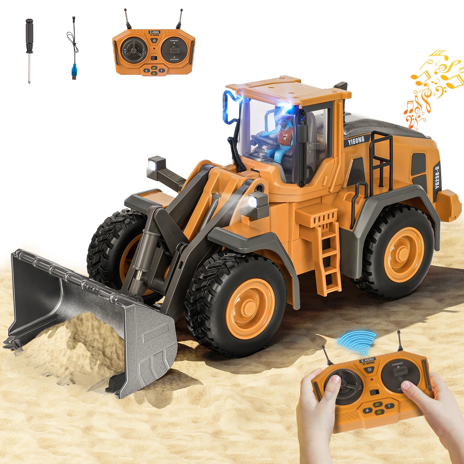 Ferngesteuerter Bagger Spielzeug Radlader Bulldozer mit Licht&Sound für Jungen 3-12 Jahre, 2,4GHz RC Bagger Bulldozer mit Metallschaufel, Baustellenfahrzeuge Kinder Geschenk für Geburtstag/Weihnachten