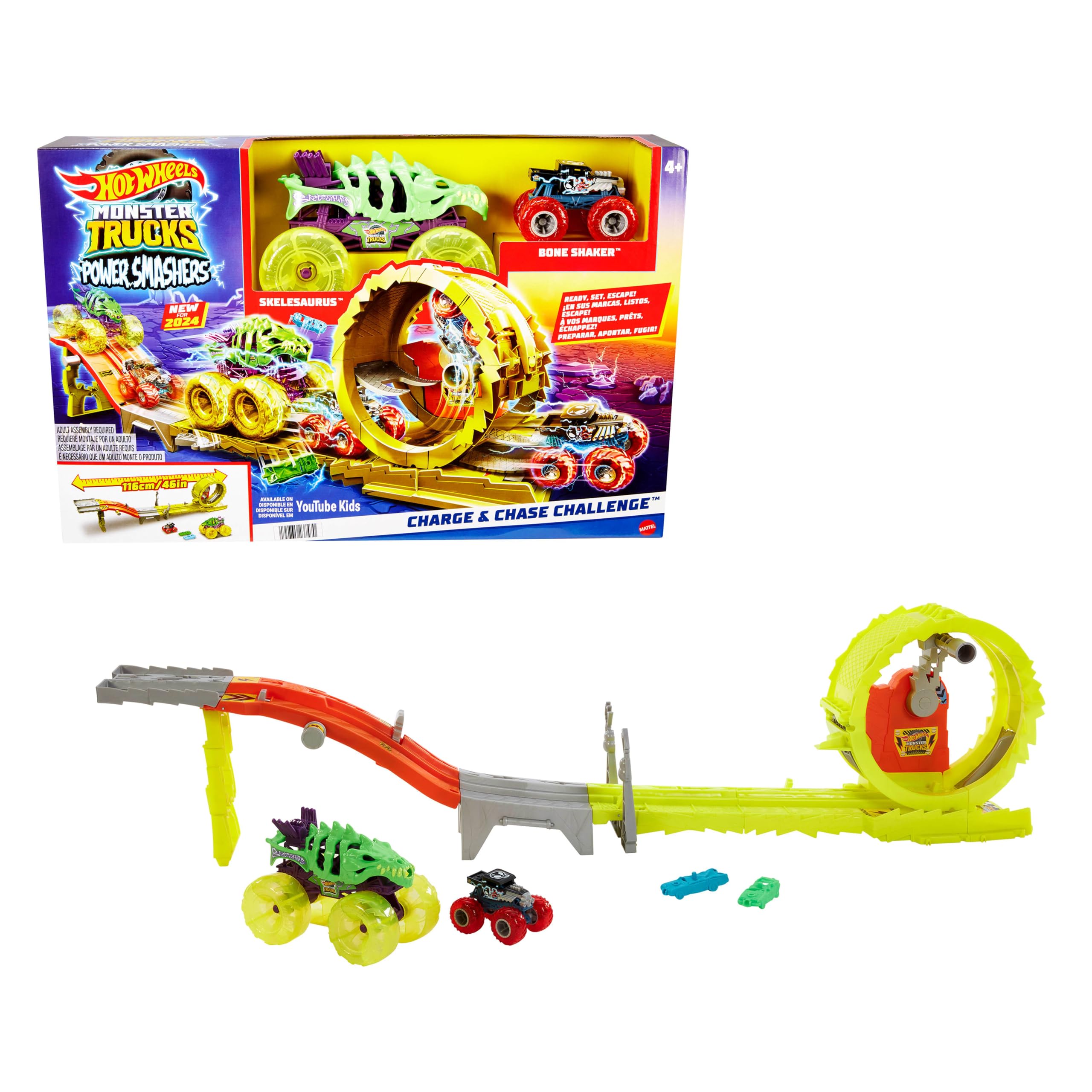Hot Wheels Monster Trucks Trackset mit 2 Spielzeugtrucks: extragroßer Skelesaurus und 1 Bone Shaker im Maßstab 1:64, Race & Chase Challenge mit 2 zerdrückten Autos, HYT07