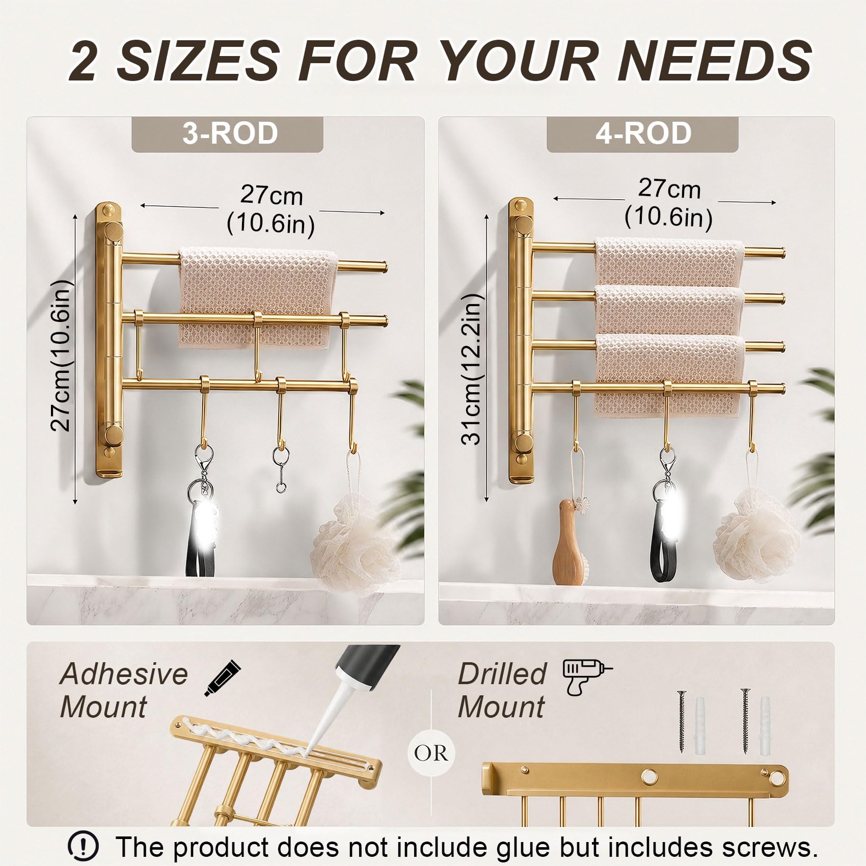 Toallero Giratorio para baño, Toallero de Latón Macizo Premium, Barra Giratoria 180 Grados con Ganchos, Color Dorado Cepillado, Montaje en Pared, 4 Barras(Black Gold,27cm/10.6in)