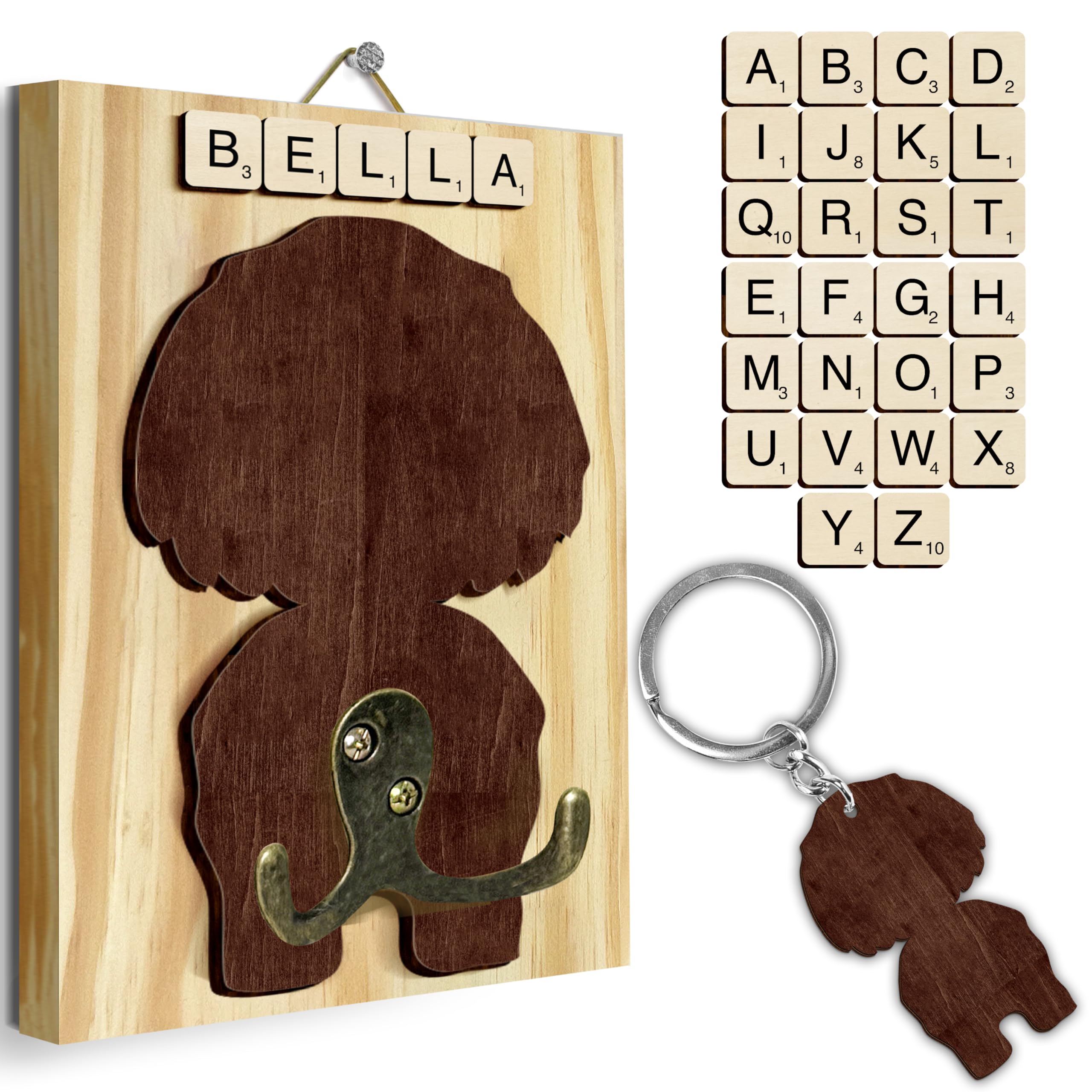 Shih Tzu Dog Leash Holder Wall Mount with Scrabble Letters, Wooden Dog Wall Hook Organizer, Pet Collar and Harness Holder Entryway, Key Hook &amp; Leash Rack, Home Decor for Pet Lovers PF297-66