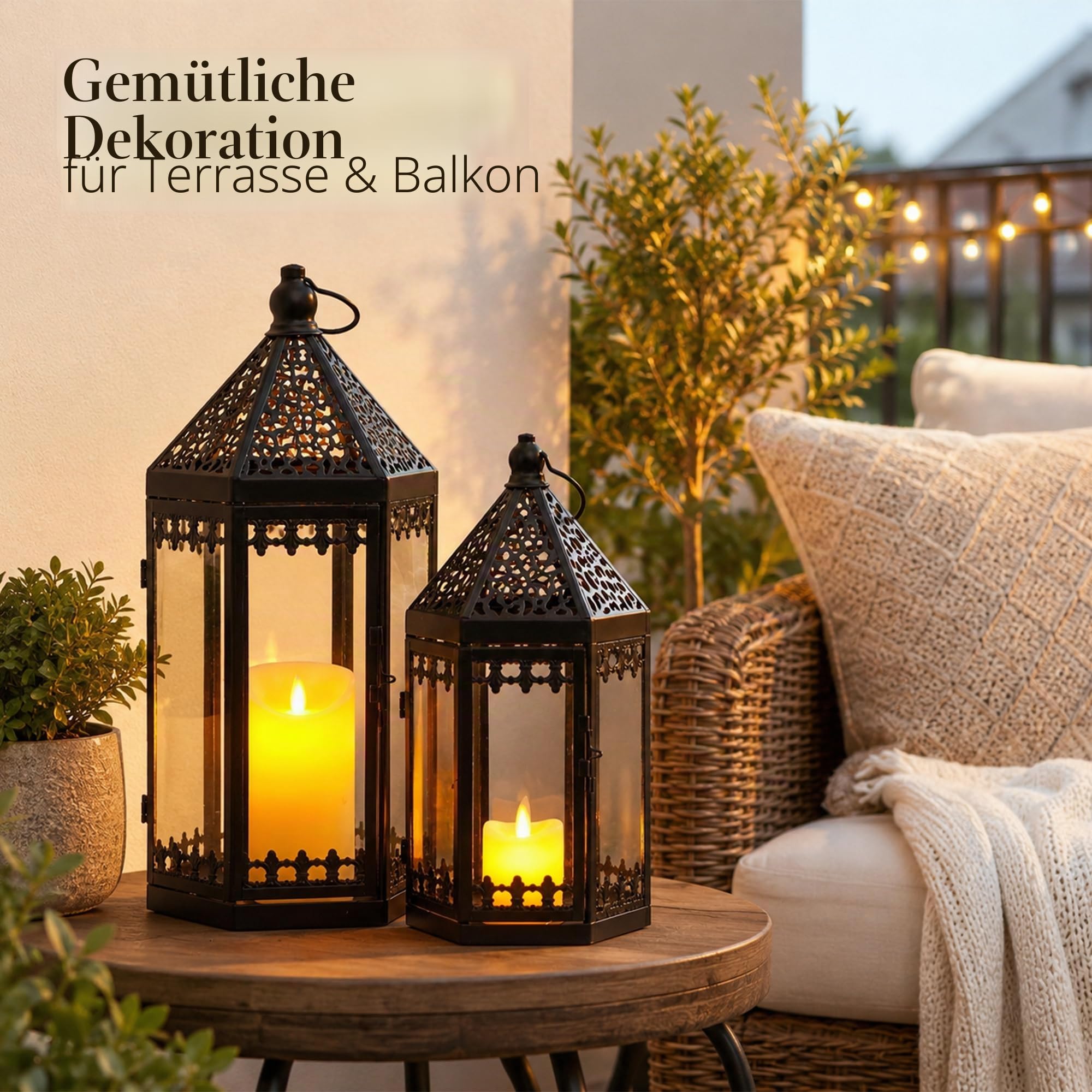TRIROCKS 2er Set Dekorative Laternen 40/30 cm hohe Metall-Kerzenhalter Windlicht zum Aufhängen mit gehärtetem Glas für Innen Außenbereich Heimdekoration Garten Terrasse Partys Hochzeiten (Schwarz)