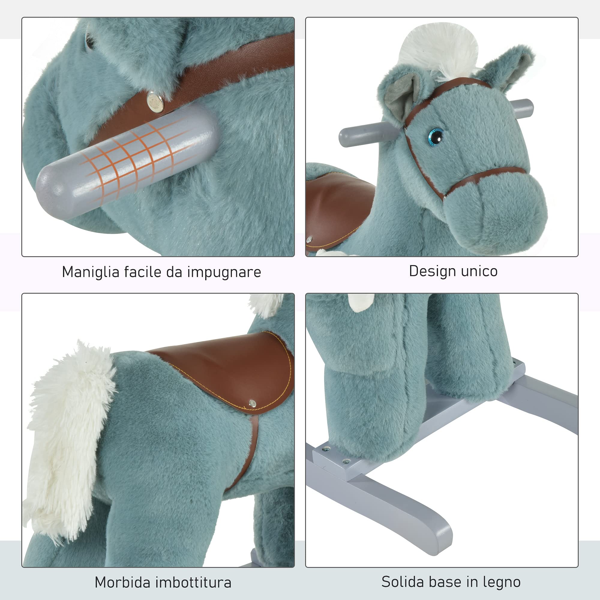 HOMCOM Cavallo a Dondolo per Bambini in Peluche e Legno con Suoni e Orsetto Incluso, per Bimbi da 18-36 Mesi, 65x26x55cm, Blu
