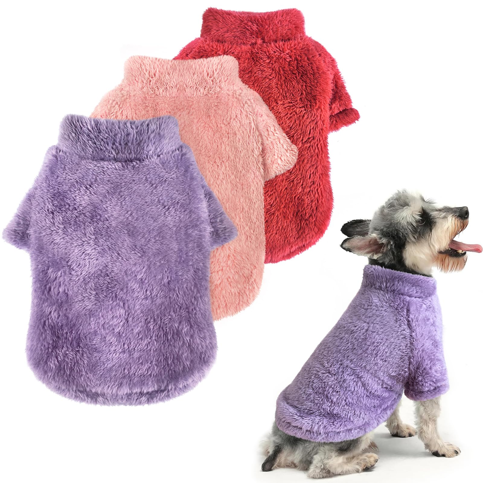 Idepet Fleece Sweater 3 Pack, Velvet Puppy Clothes Fuzzy Cat Apparel Soft Dog Outfits Thermal Clothing Fall Winter Pet Coat for Small Dogs