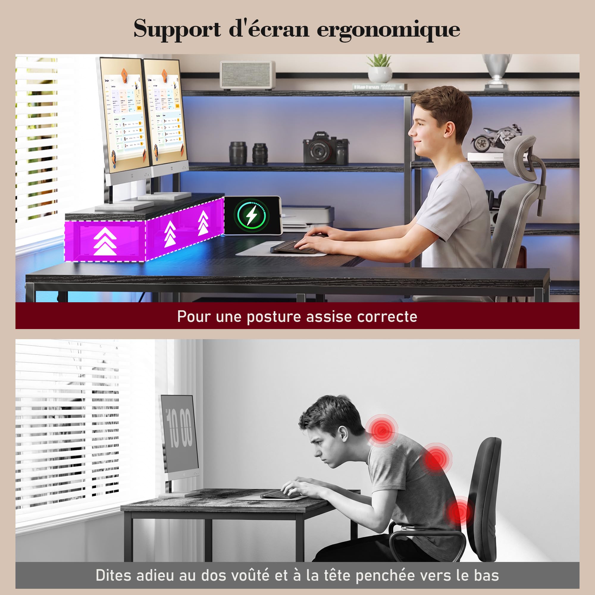 160x100 cm Forme U Bureau Gaming avec LED pour Homeoffice
