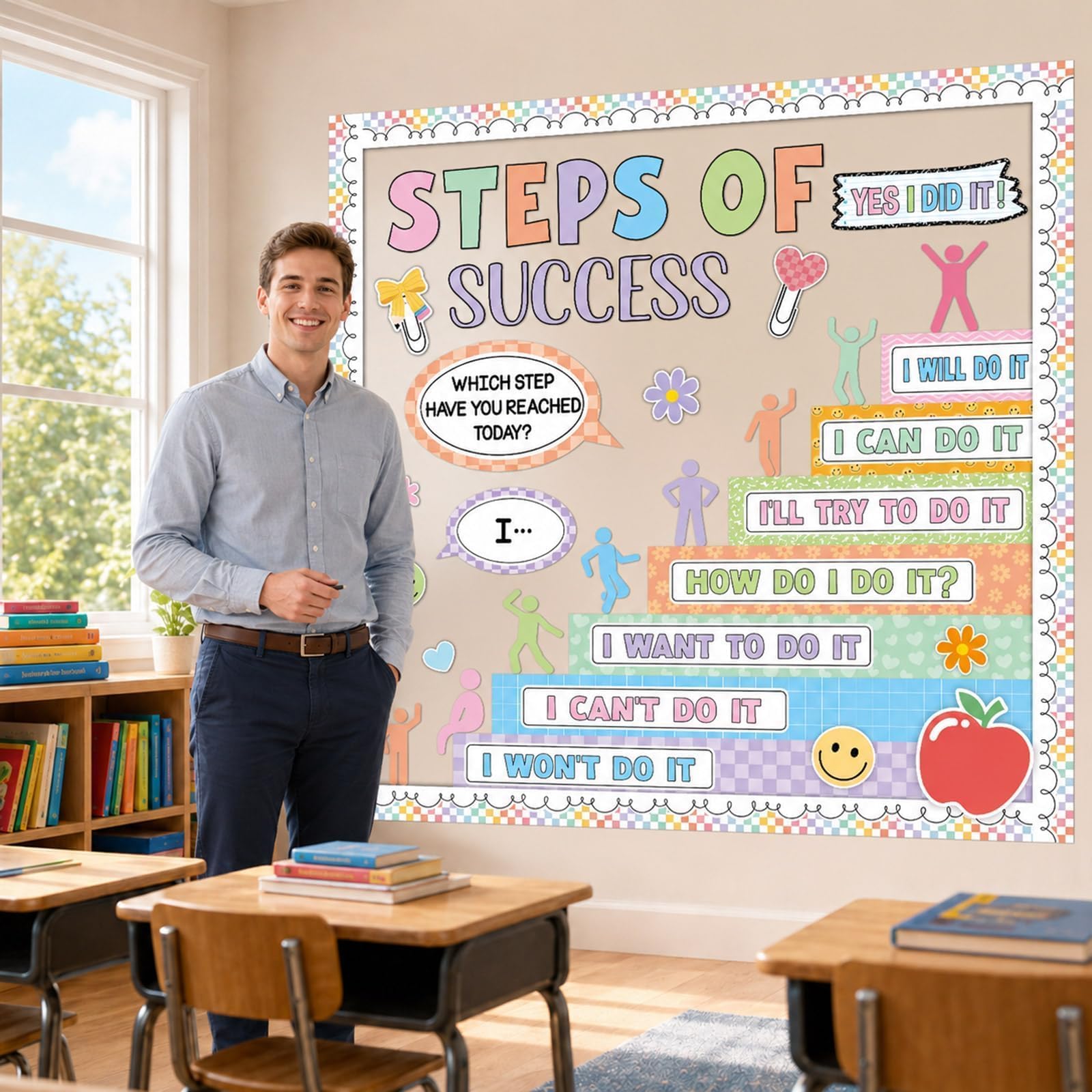 Motywacyjny zestaw dekoracyjny tablicy ogłoszeń, powrót do szkoły, pozytywna dekoracja klasy, kroki sukcesu, papierowe wycięcia edukacyjne, akcenty do szkoły, drzwi, dekoracje ścienne (kompozycja)