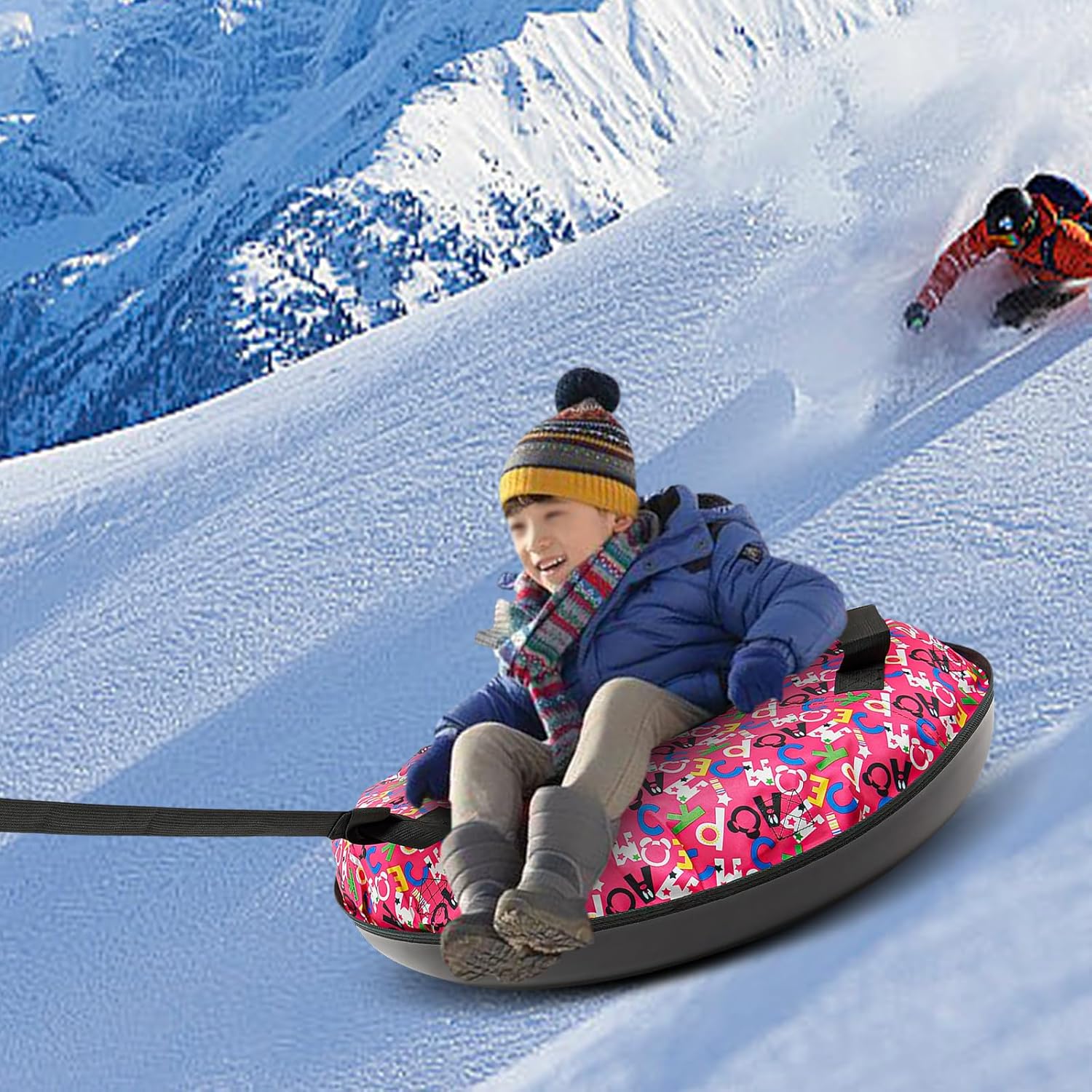 High-Speed Inflatable Sledding Tube for Kids & Adults - Durable Winter Snow Sled for Skiing, Sand & Grass Sliding - 220-397 lbs Load Capacity, Easy to Inflate & Carry (Black/Red)