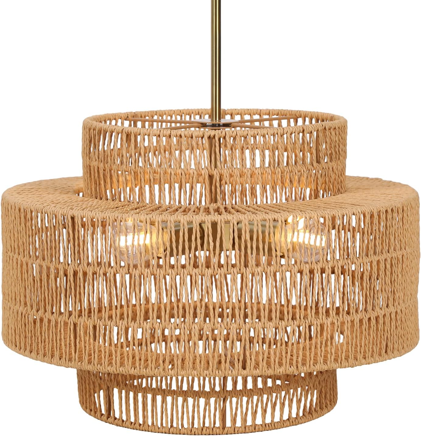 Rattan Lamp Shade, Boho Hanging 3-tier Lamp Shade, Hand Woven Natural Material, Creates Warm Patterned Light, 17.72" Wide, Bulbs Not Included (Brown)