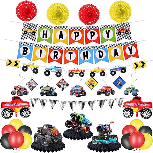 Skylety Monster Truck Suministros para fiesta de cumpleaños de camión, pancarta de cumpleaños, triángulo, banderines, espirales colgantes, globos