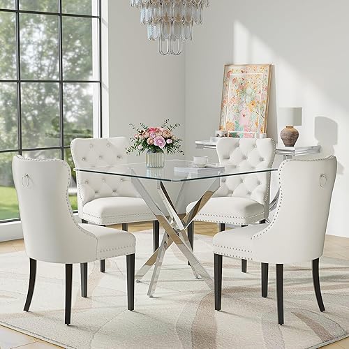 Miniatura 14 de Juego de mesa de comedor de cristal para 4 personas con mesa cuadrada de cocina de vidrio templado de 36 pulgadas, juego de comedor de 5 piezas con