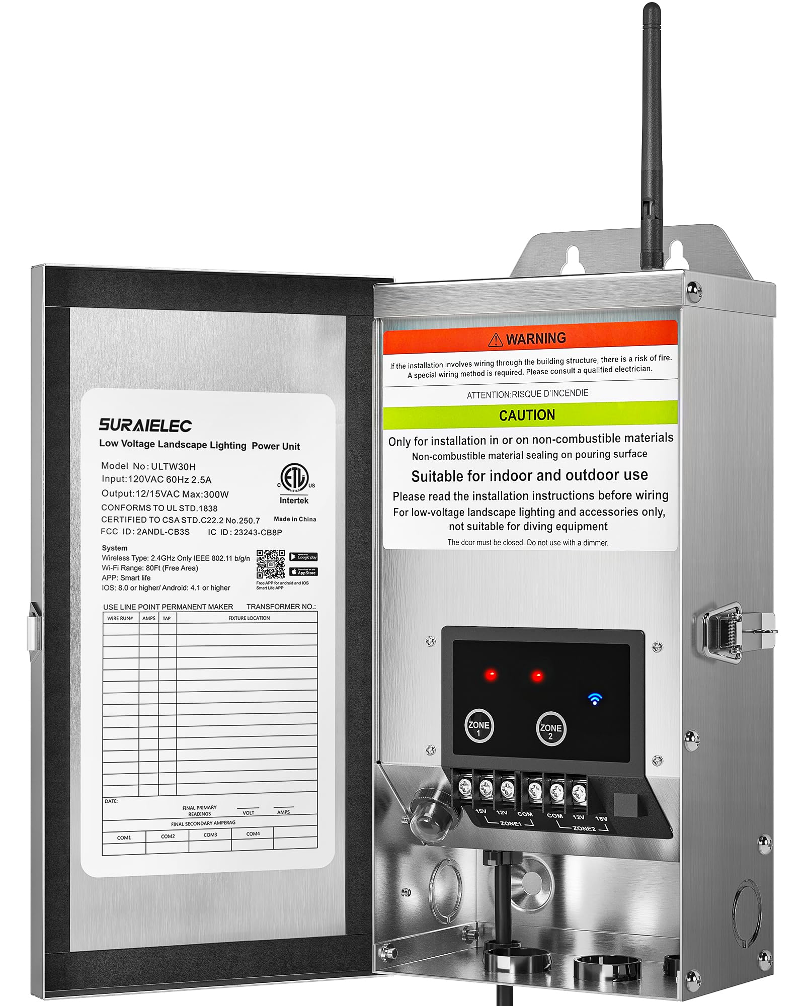suraielec 300w wi-fi low voltage landscape transformer with 2 zones, 2.4ghz smart outdoor low voltage transformer, astronomial timer, 120v to 12v/15v ac, stainless steel, etl listed