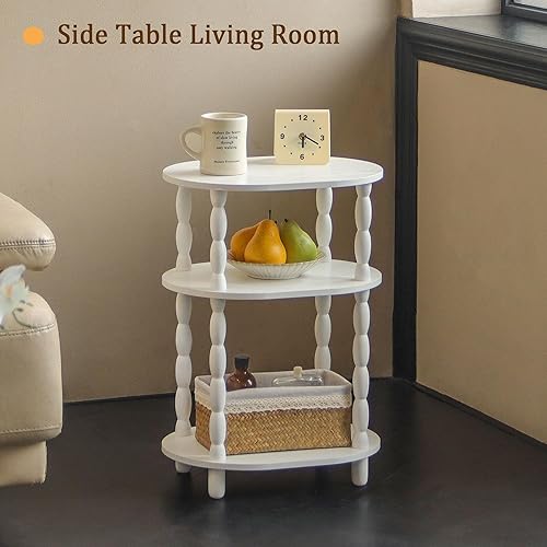 Miniatura 7 de MaxSmeo Mesa auxiliar blanca, mesa auxiliar ovalada pequeña de 3 niveles, mesita de noche moderna, mesa decorativa de madera para sala de estar,