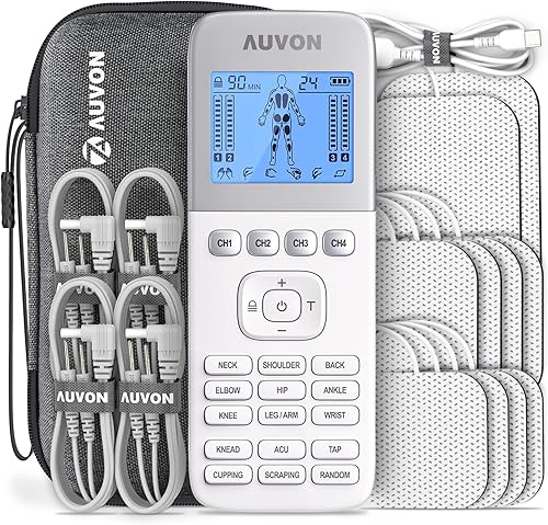 AUVON Unidad TENS de 4 salidas, estimulador muscular de 24 modos con estuche de viaje EVA, máquina TENS EMS recargable con diseño de botón fácil de