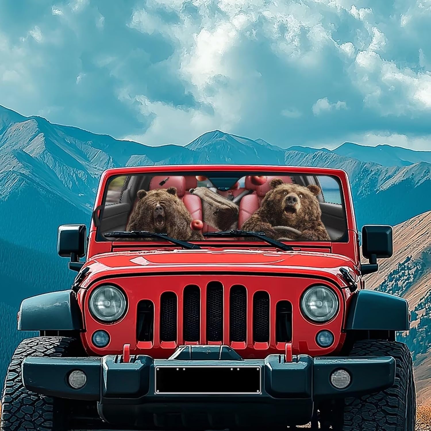 Windshield Sun Shade Car Sunshade for Jeep Wrangler JK JKU JL JLU1997-2024, Funny Bear Driving Print Sun Shade Windshield Cover for UV Rays & Heat Protection image 3