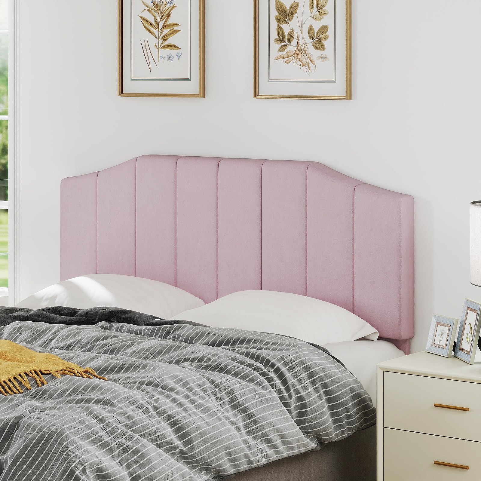 Furpopup Velvet Queen Size Headboard, Upholstered Headboard Queen/Full Size Wall Mount and Bed Frame Mount, Featuring High-Density Sponge Padding Luxury Texture Easy Assembly Comfort Style-Pink
