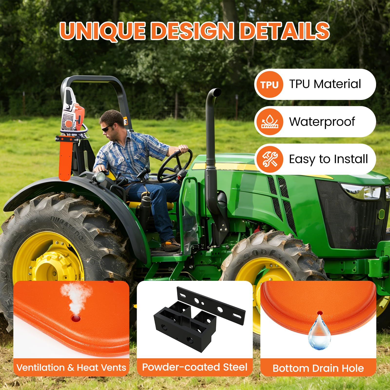 Kettensägenhalter für Traktor, TPU-Schutzscheide mit Abflusslöchern, belüftetes festes Design, 50,8 cm, Universal-Halterungs-Set für Traktoren, ATVs, UTVs, LKW, Orange