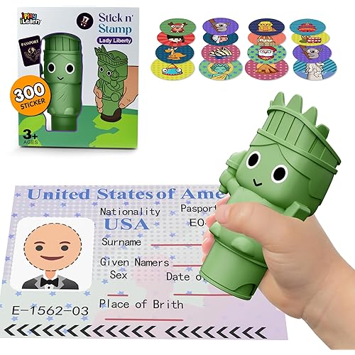 iPlay, iLearn Lady Libert Stamp & Sticker Toy, 400+ Stickers & 18-Page World Travel Stamper Book, Toddler Art Craft Kit for Plane Travel, Creative Birthday Gift for 3 4 5 6 7 8 Year Old Girl Boy Kid