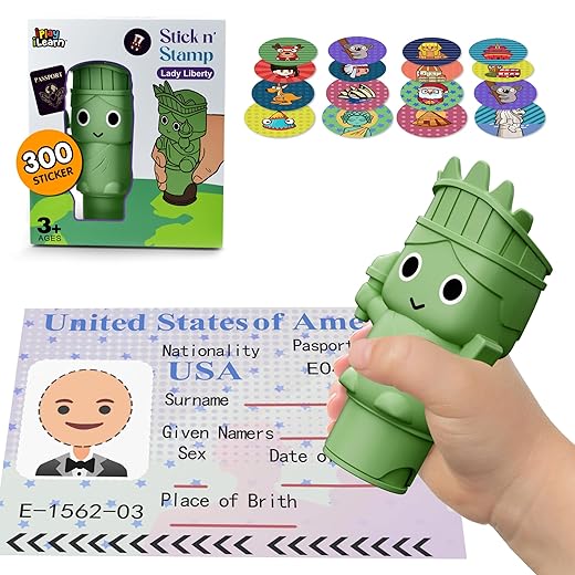 iPlay, iLearn Lady Libert Stamp & Sticker Toy, 400+ Stickers & 18-Page World Travel Stamper Book, Toddler Art Craft Kit for Plane Travel, Creative Birthday Gift for 3 4 5 6 7 8 Year Old Girl Boy Kid