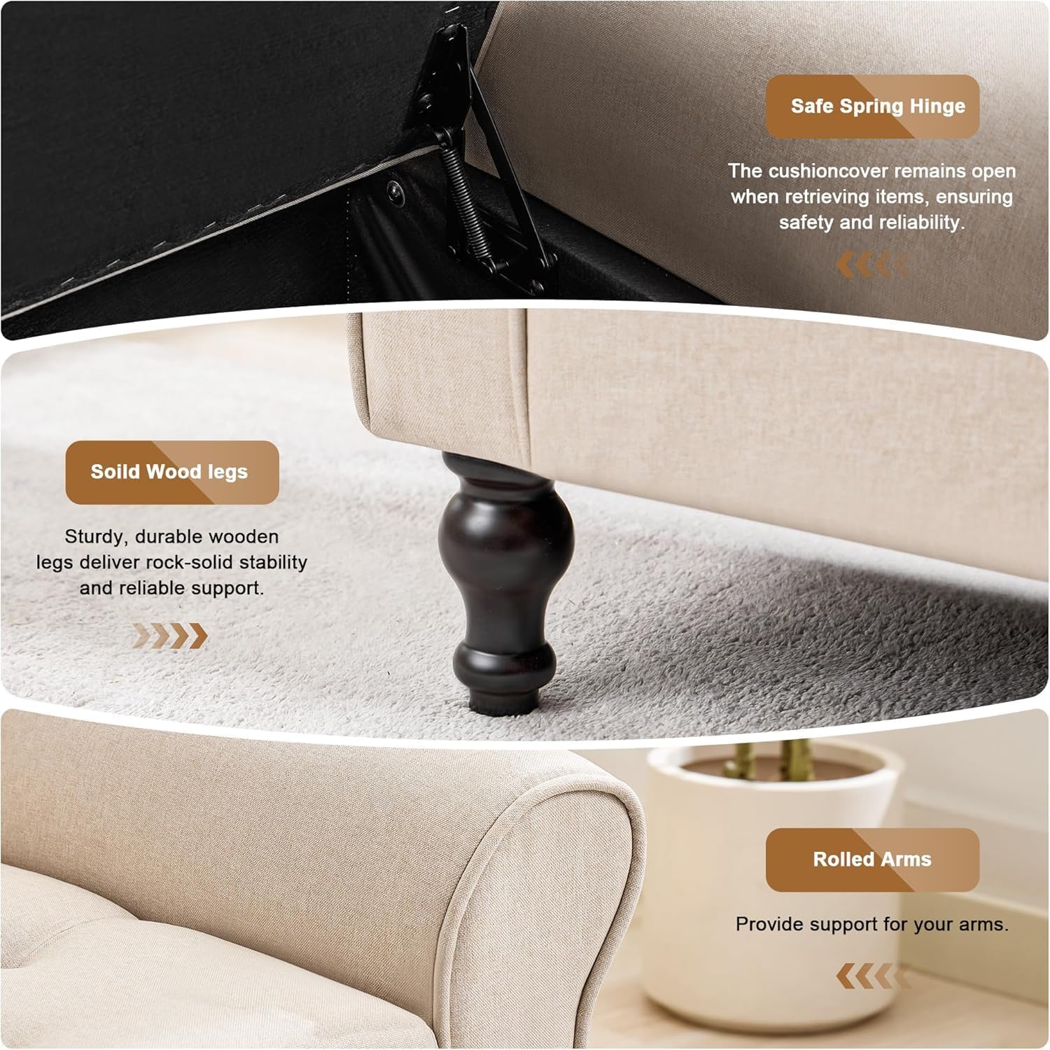 48" Ottoman with Storage and Rolled Arms, Tufted Upholstered Storage Bench with Safety Hinge and Sturdy Frame for Living Room, Footboard and Entryway (Beige)