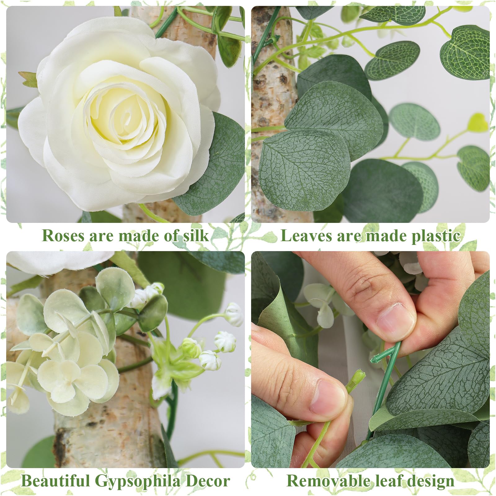Dremisland 4PCS /24 FT Artificial Eucalyptus Flower Garland Spring Decor White Rose Garland Silk Flowers Fake Eucalyptus Plants Faux Vines Greenery Garlands for Wedding Table Runner Backdrop - Image 3