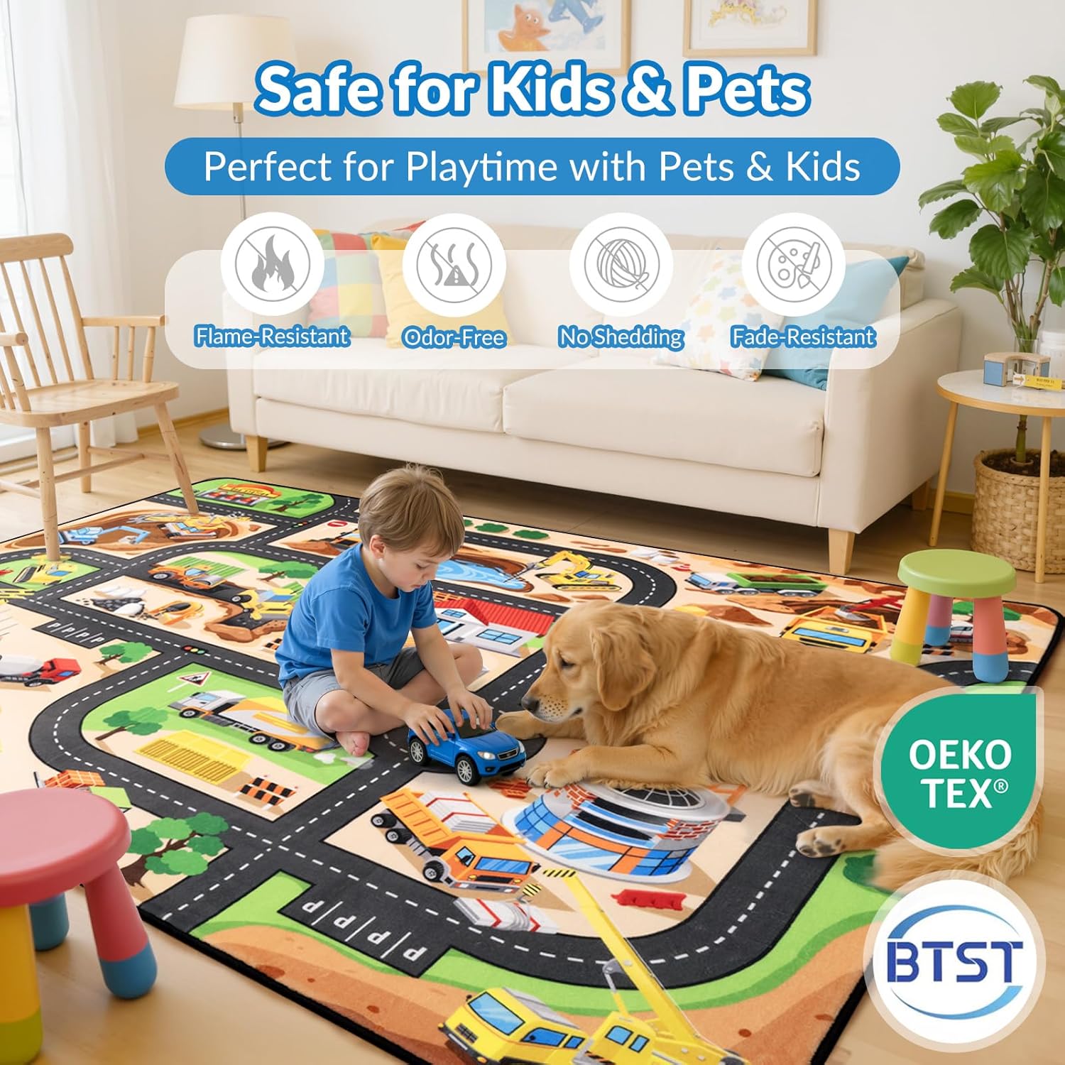 Kids Rug, 3x5 FT Construction Site Car Rug Play Mat, Soft & Durable, Non-Slip, Machine Washable, Cartoon Construction Site Pattern Car Carpet Playmat for Kids Room, Playroom & Nursery