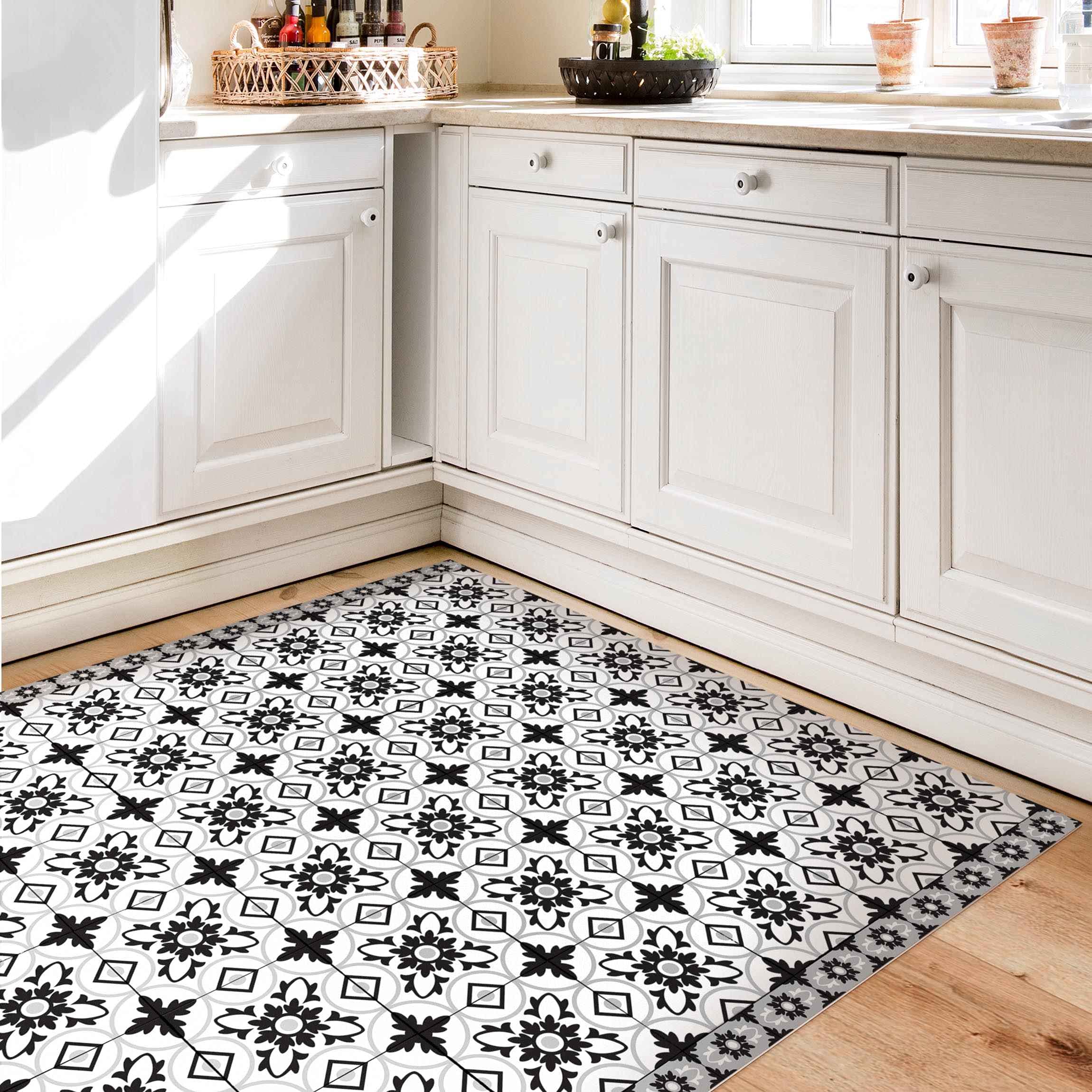 Tapis en Vinyle essuyable à l'eau à Motifs Collage sans Bulles Protection de Sol avec Motif Tapis antidérapant Noir et Blanc Imitation carrelage Illustration Cuisine Couloir 3198 (40x40cm)