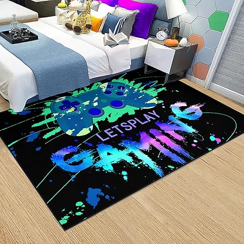 Miniatura 6 de Alfombras de videojuegos para dormitorio de niños, decoración de videojuegos azul para habitación de niños, decoración de alfombra de videojuegos,