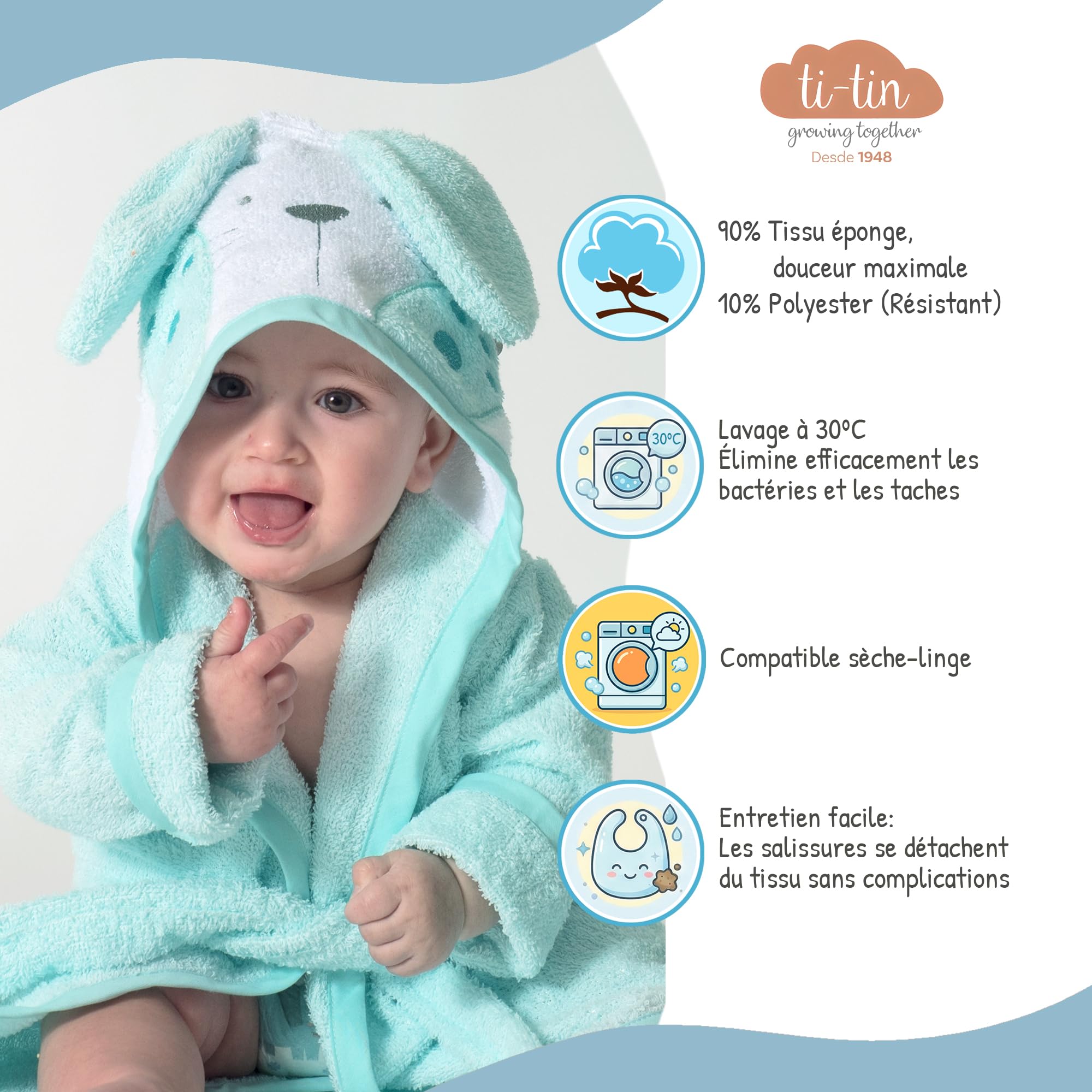 Ti Tin Peignoir à capuche pour enfant 100% coton doux et absorbant Taille bébé de 6 à 18 mois