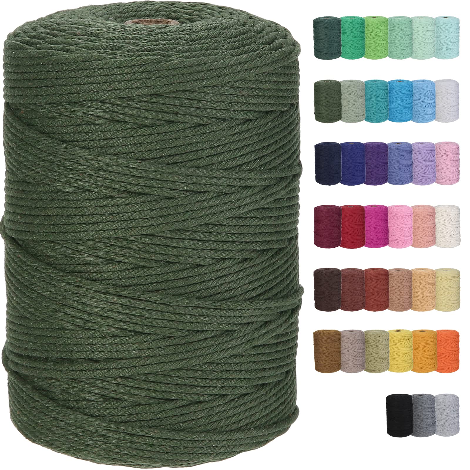 Cotton Macrame Cord 3mm 328yards Natural Colored Macrame Supplies, Soft Craft Cotton Rope for Plant Hanger Wall Hanger Dreamcatcher (Olive Green)