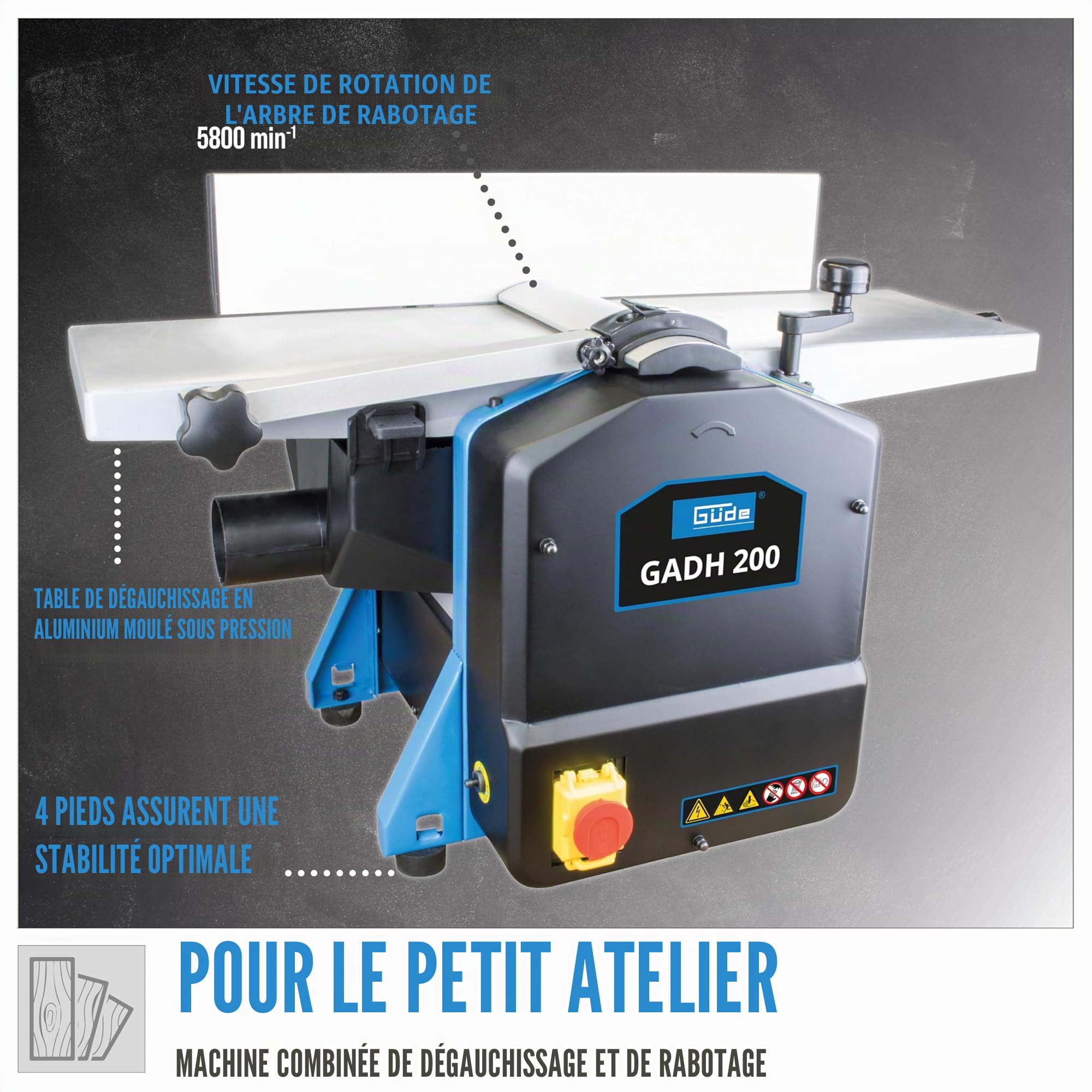 Güde 55440 GADH 200 Rabot de dégauchissement et de dégauchissement (tables de dressage en aluminium moulé sous pression, protection d'arbre de rabotage, interrupteur de surcharge), bleu, 82 x 46 cm