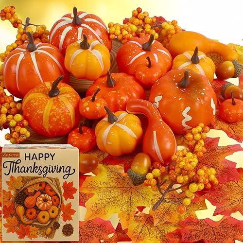 Juego de 51 mini calabazas artificiales para decoración de otoño, calabazas de plástico de espuma con hojas de otoño, pequeñas decoraciones de otoño