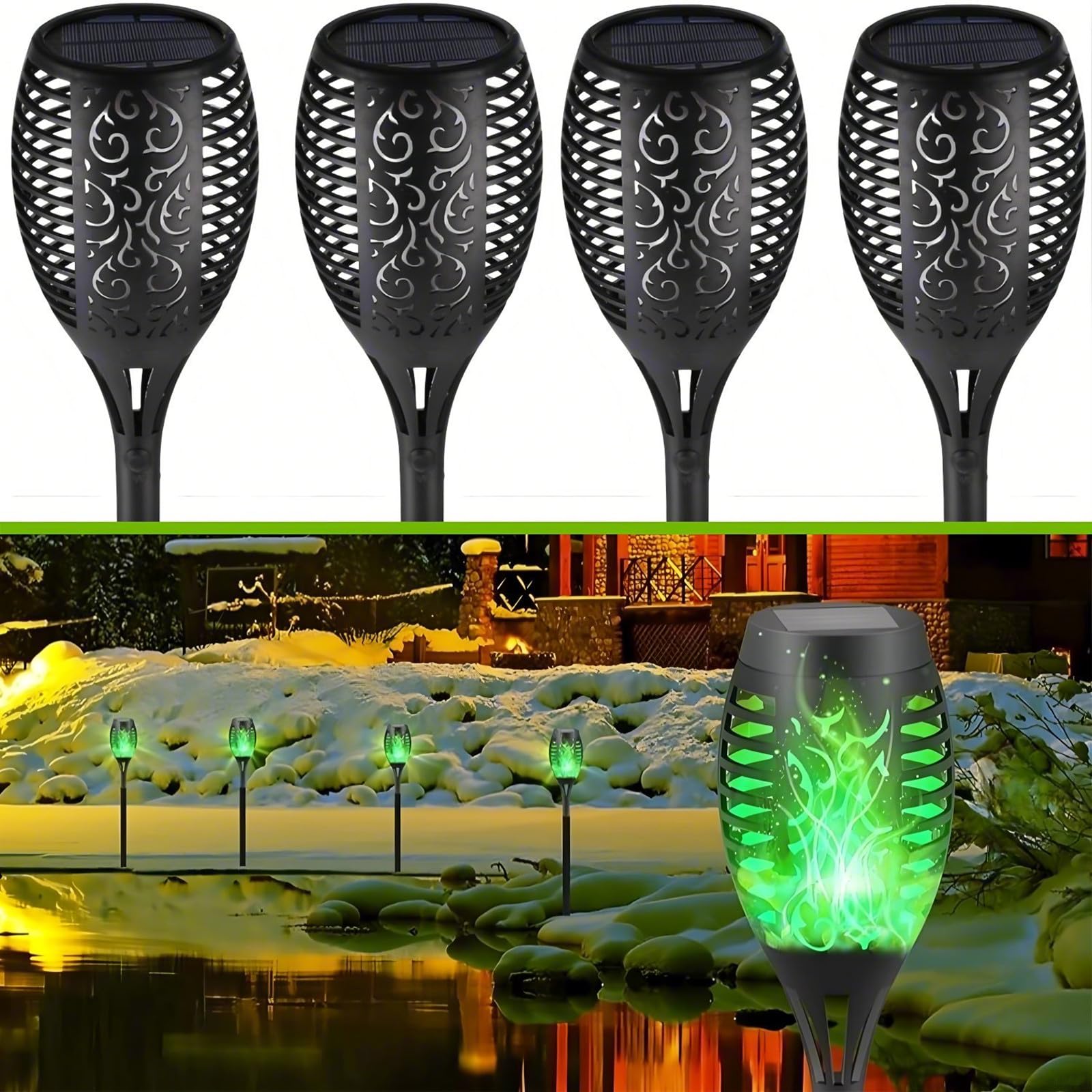 Solar-Flammenlicht für den Außenbereich, Gartendekorationen mit flackernder Flamme, IP65 wasserdicht, solarbetriebene Hoflichter für Rasen, Terrasse, Weg, Dekoration, 4 Stück (grün)