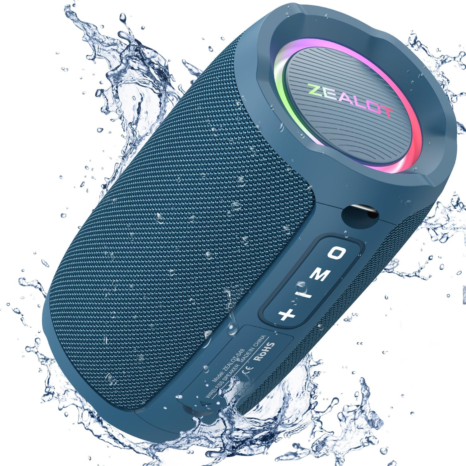 ZEALOT S49 Portable Bluetooth Speaker in blue, with water splashing around it, highlighting its waterproof design.