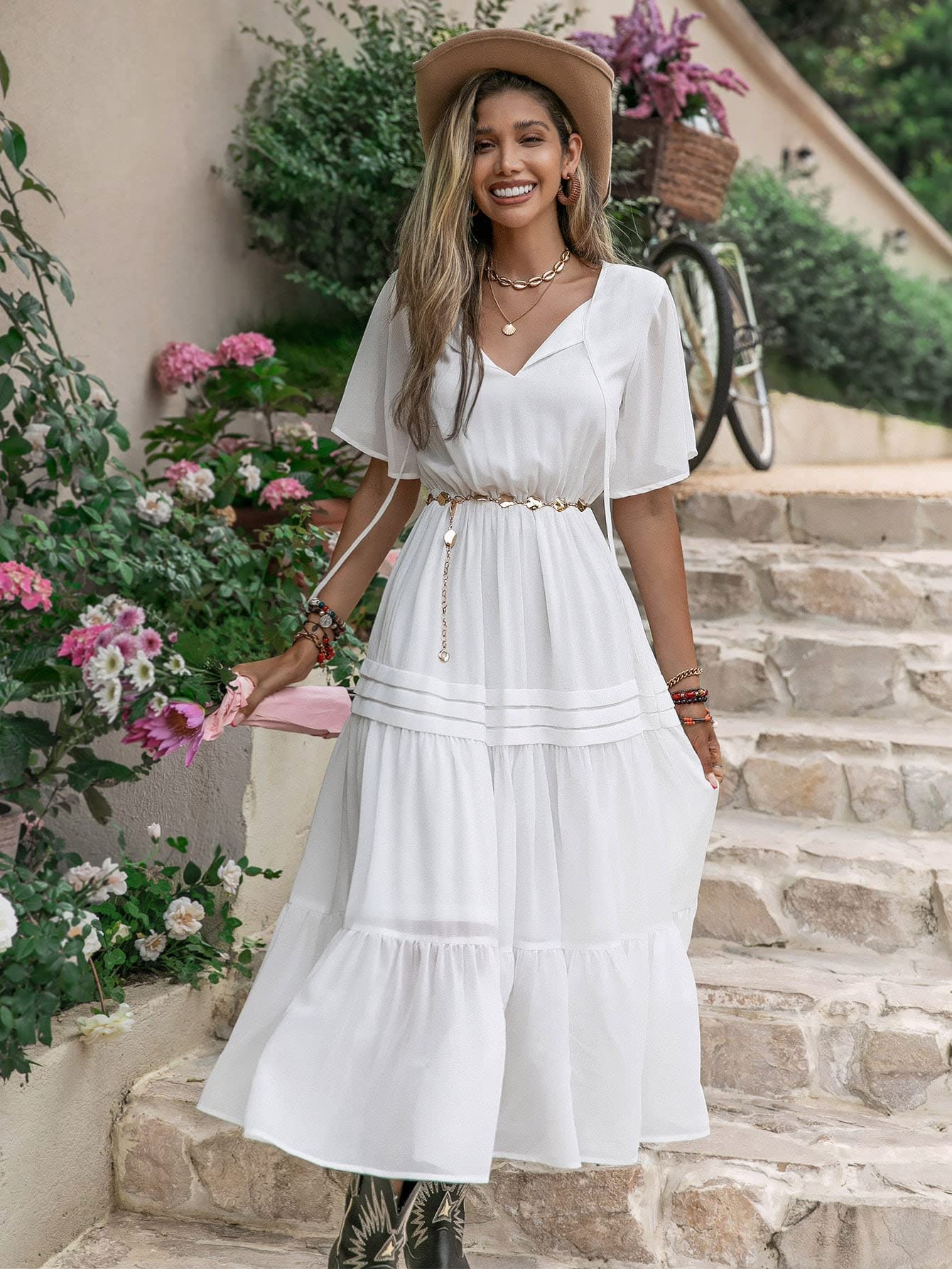 ruffle neck flutter sleeve a line dress Navy Flutter Sleeve Tie Front Midi Dress