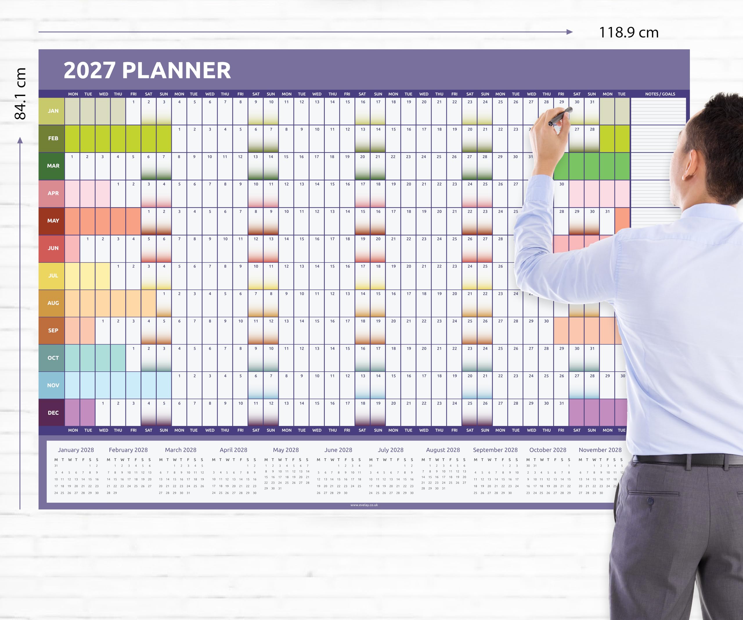 Kalender 2025, A0, großes Format (84 x 118 cm), gerollter Jahres-Wandplaner, doppelseitig, rotes und Regenbogen-Design auf jeder Seite, ganzes Jahr für das Heimbüro