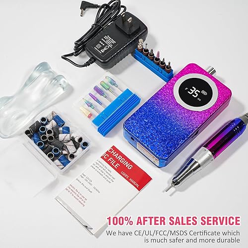 Miniatura 6 de Taladro de uñas portátil de 35000 rpm, lima de uñas eléctrica de color degradado con pantalla TFT recargable Efile profesional para uñas de gel para